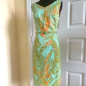 David Meister Green Linen Belted Sheath Dress